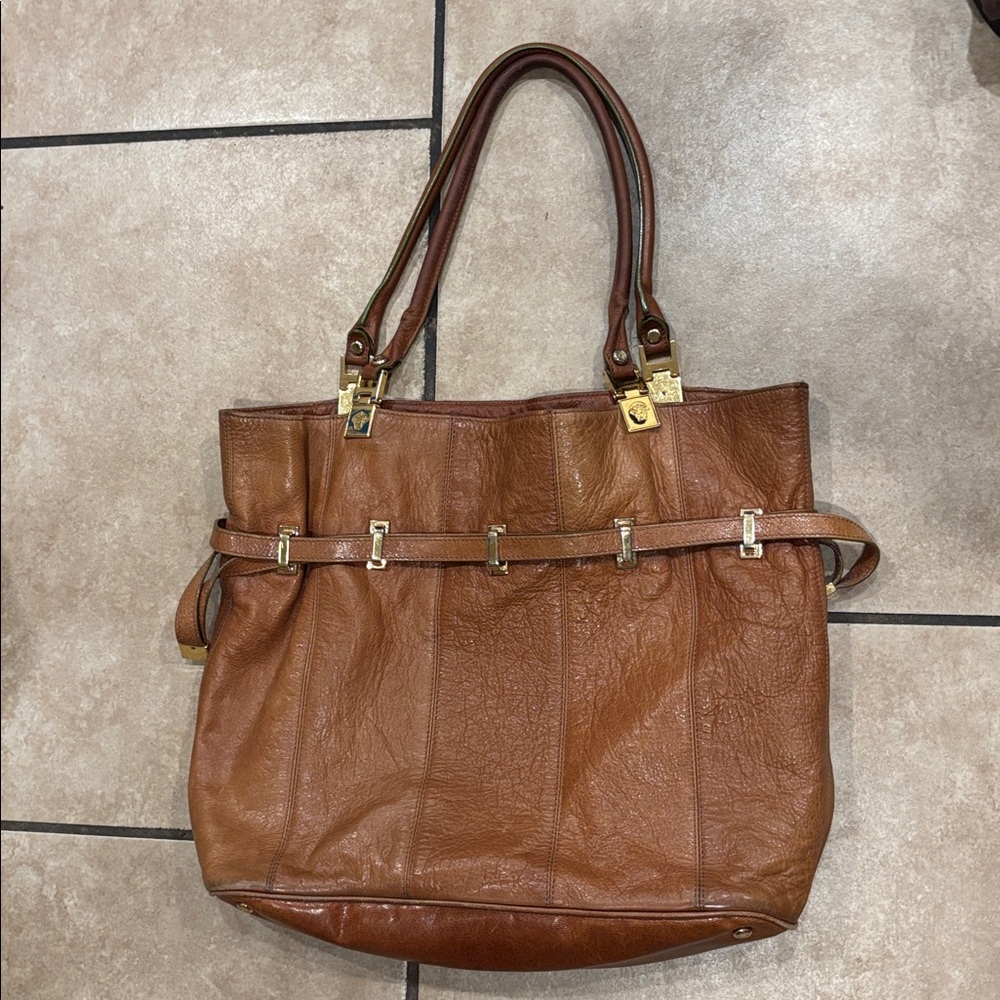 Gianni Versace Camel Brown Gold Detail Shoulder Bag